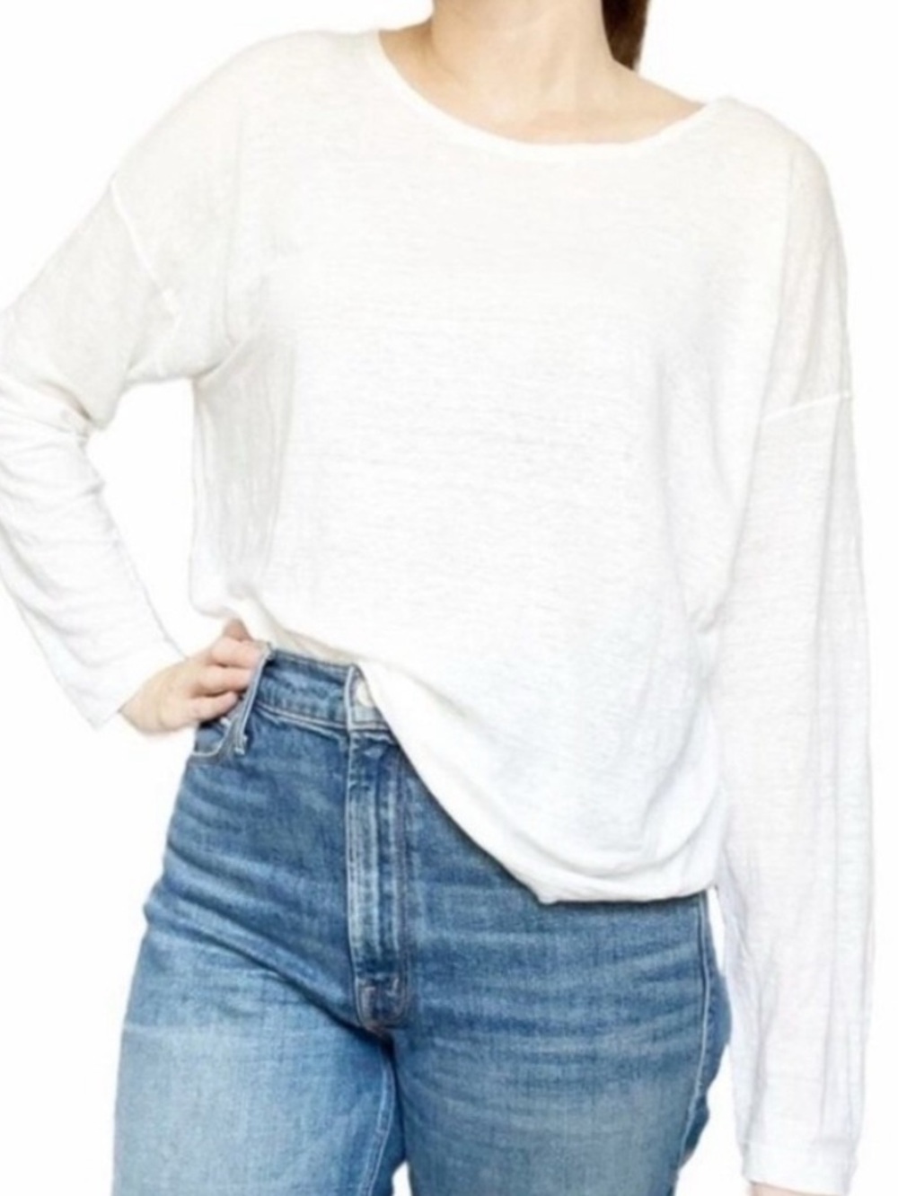 Eskandar Classic White Long-Sleeve Women's Top T-Shirt Linen Wide Neck One Size